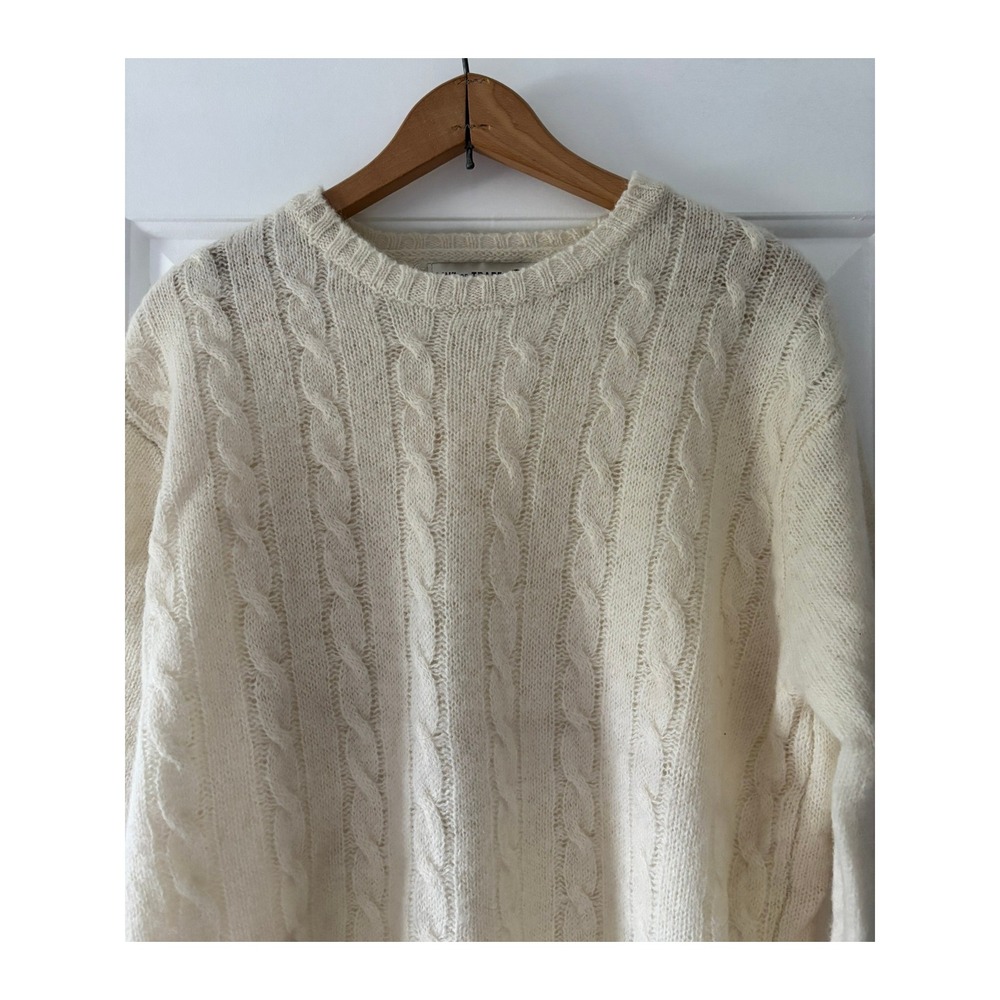 Line of Trade Cable Knit Sweater Womens M Cream Shetland Wool Crewneck Ivory